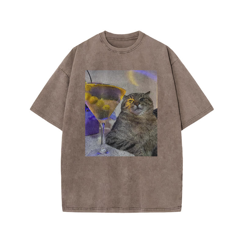 Tipsy Cat & Cocktail Print Acid Washed T-shirt