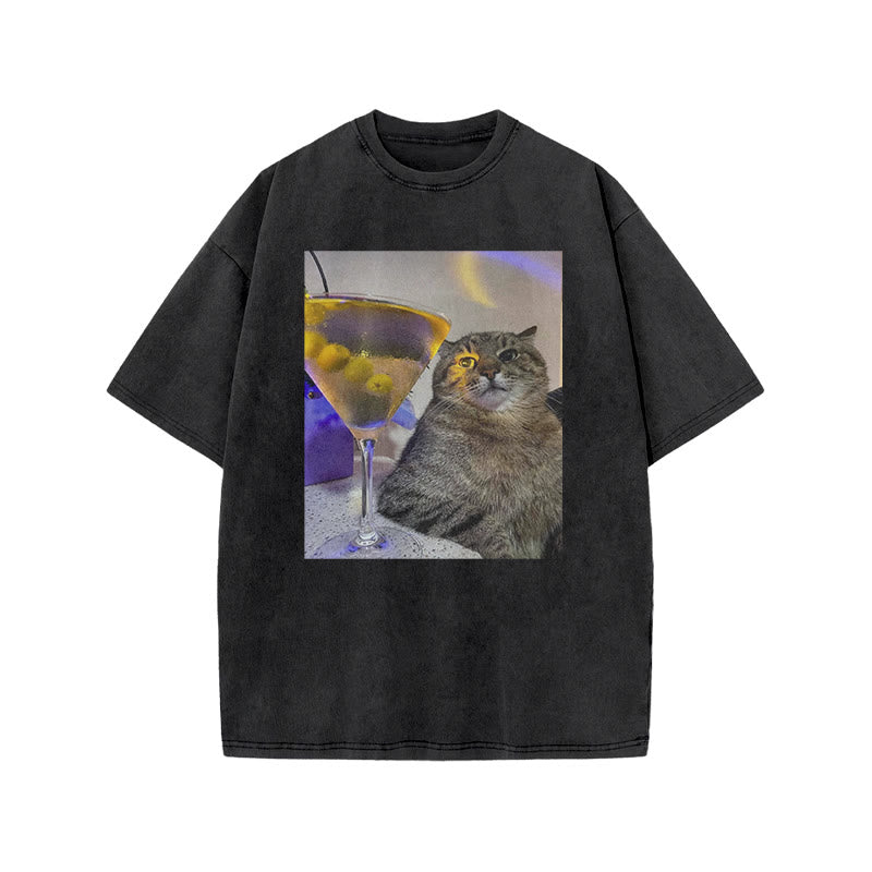 Tipsy Cat & Cocktail Print Acid Washed T-shirt
