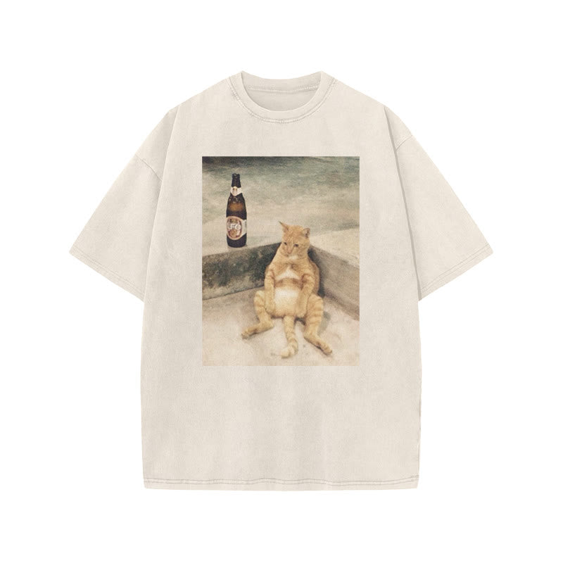 Lazy Cat & Beer Print Acid Washed T-shirt