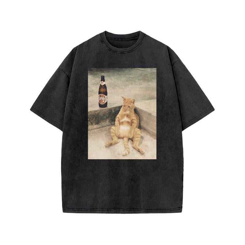 Lazy Cat & Beer Print Acid Washed T-shirt