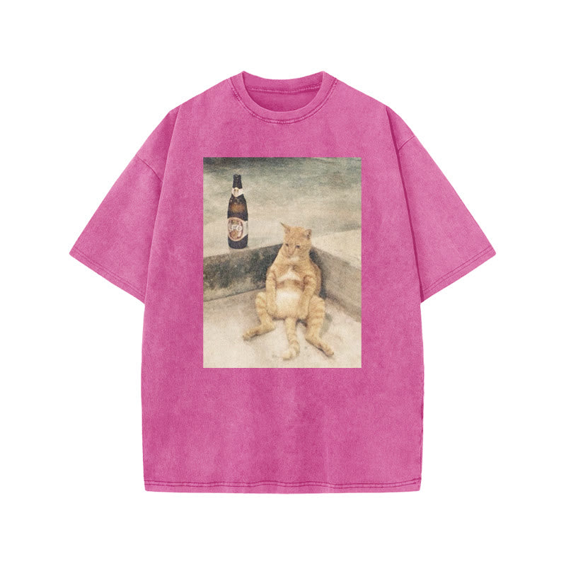 Lazy Cat & Beer Print Acid Washed T-shirt