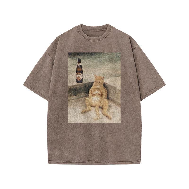 Lazy Cat & Beer Print Acid Washed T-shirt