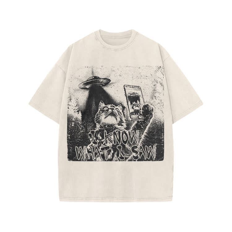 Vintage UFO Cat  I Know What I Saw Graphic Washed T-Shirt