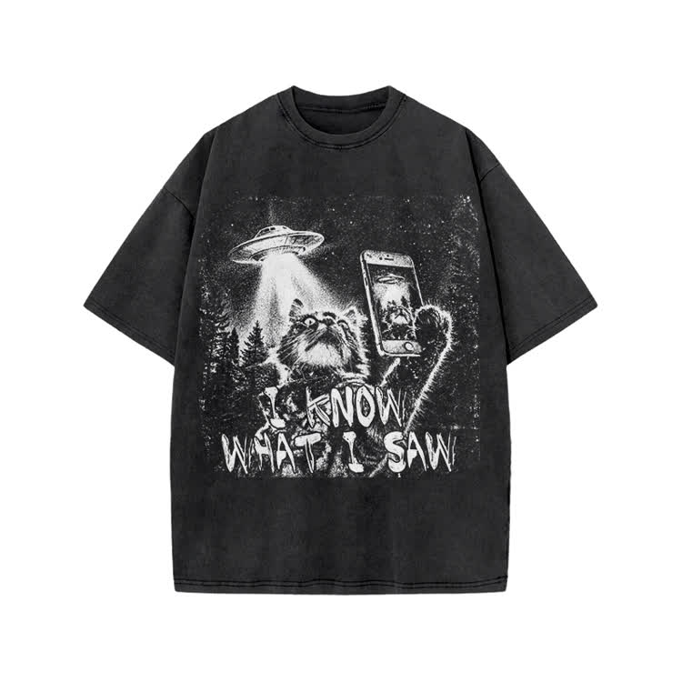Vintage UFO Cat  I Know What I Saw Graphic Washed T-Shirt