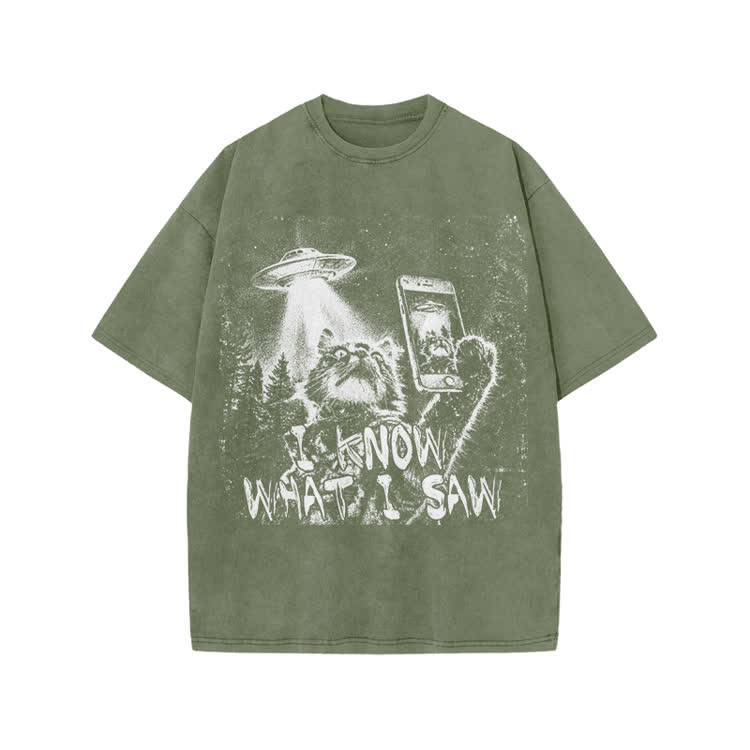 Vintage UFO Cat  I Know What I Saw Graphic Washed T-Shirt