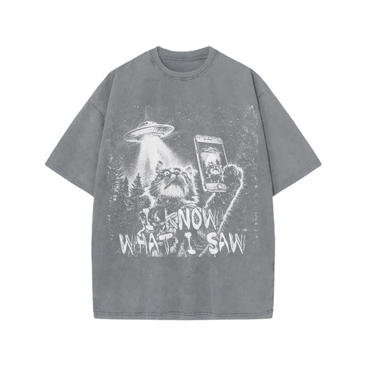 Vintage UFO Cat  I Know What I Saw Graphic Washed T-Shirt