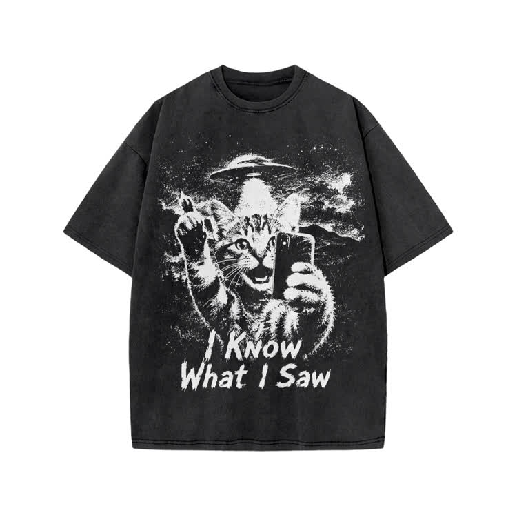 Casual I Know What I Saw Cat UFO Graphic Washed T-Shirt