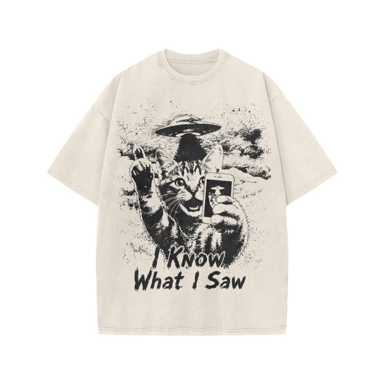 Casual I Know What I Saw Cat UFO Graphic Washed T-Shirt