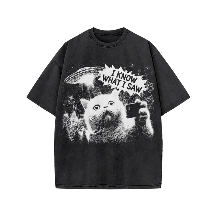 Sci Fi UFO Cat Graphic Washed T-Shirt