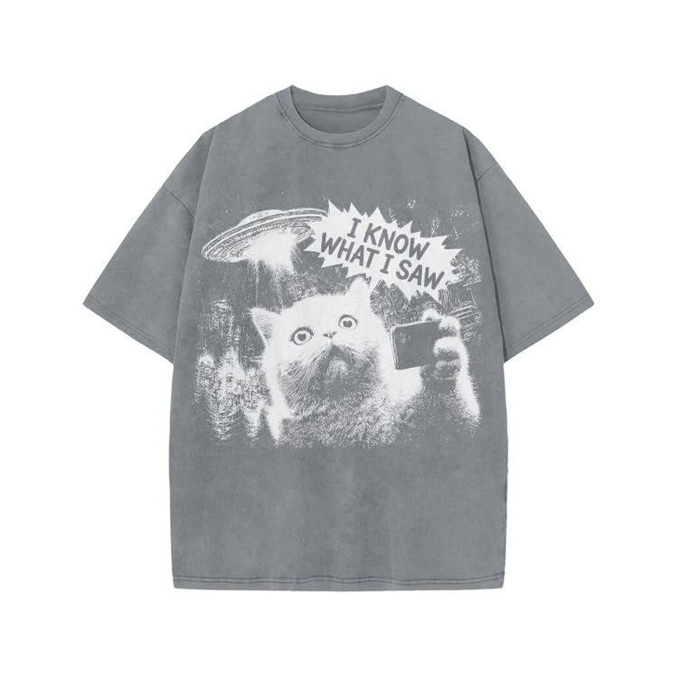 Sci Fi UFO Cat Graphic Washed T-Shirt