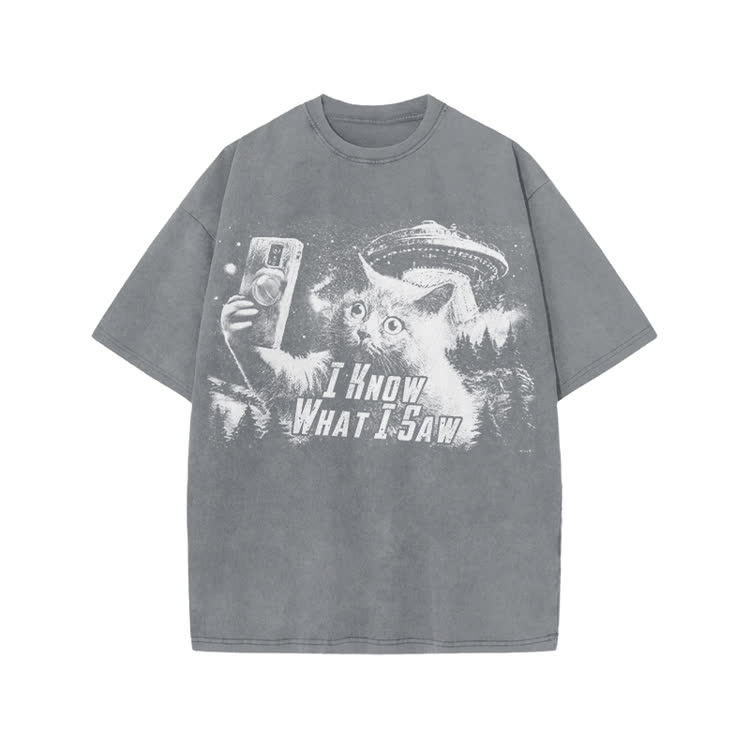 Vintage Sci Fi Novelty Alien Cat Graphic Washed T-Shirt
