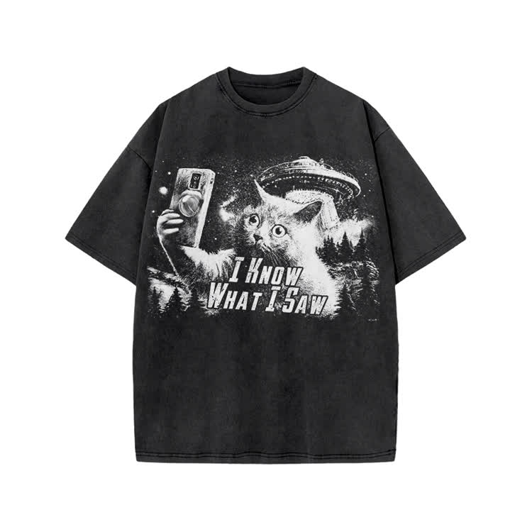 Vintage Sci Fi Novelty Alien Cat Graphic Washed T-Shirt