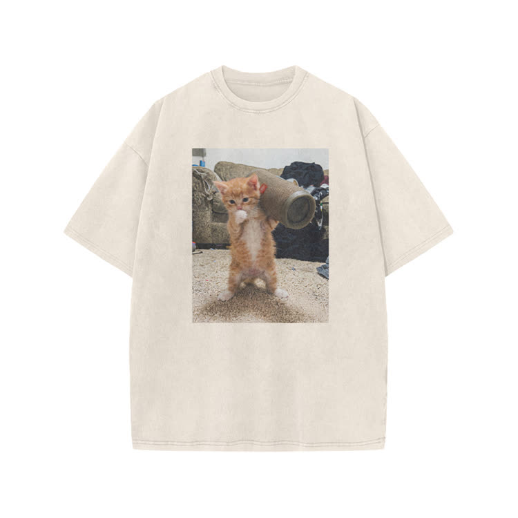 Playful Orange Cat Photo Graphic Print Acid Washed T-Shirt