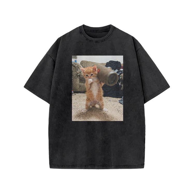 Playful Orange Cat Photo Graphic Print Acid Washed T-Shirt