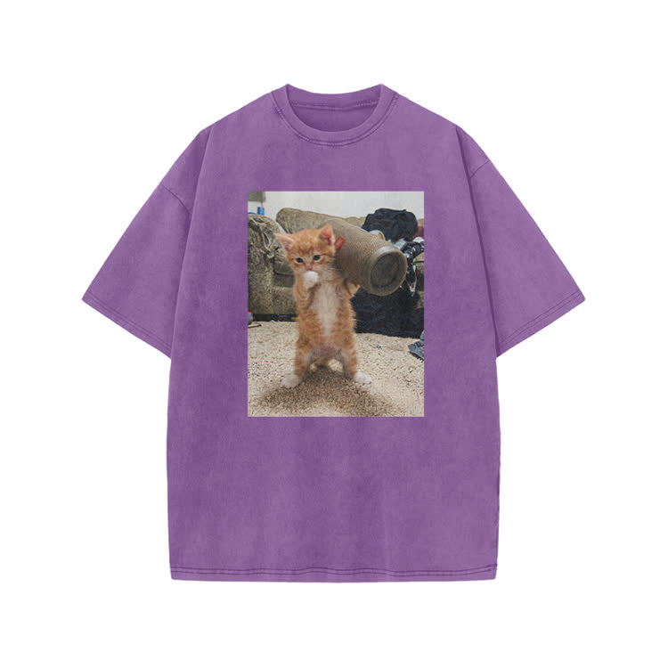 Playful Orange Cat Photo Graphic Print Acid Washed T-Shirt