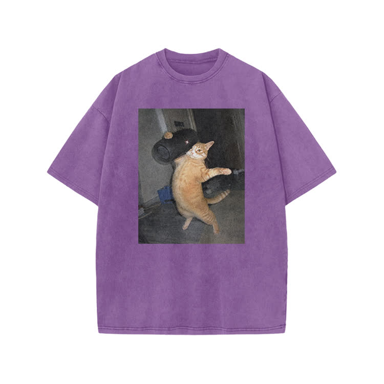 Vintage Minimal Streetwear Cat Graphic Print Acid Washed T-Shirt