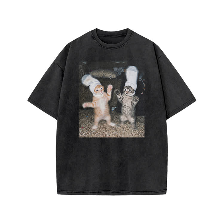 Vintage Photo Cute Twin Cat Graphic Print Acid Washed T-Shirt