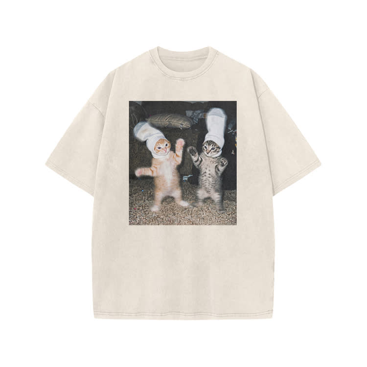 Vintage Photo Cute Twin Cat Graphic Print Acid Washed T-Shirt