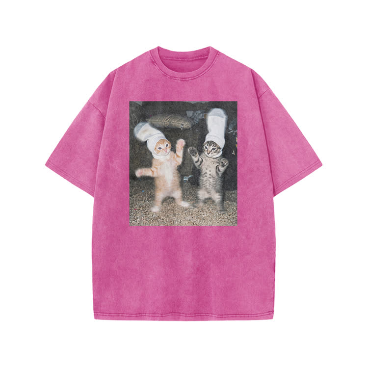 Vintage Photo Cute Twin Cat Graphic Print Acid Washed T-Shirt