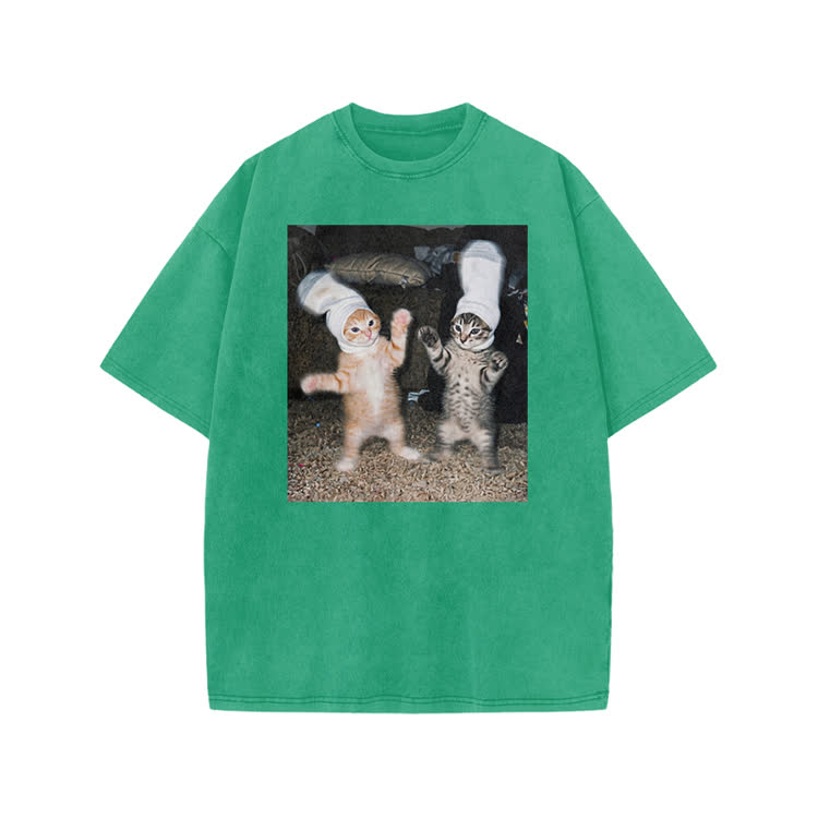 Vintage Photo Cute Twin Cat Graphic Print Acid Washed T-Shirt