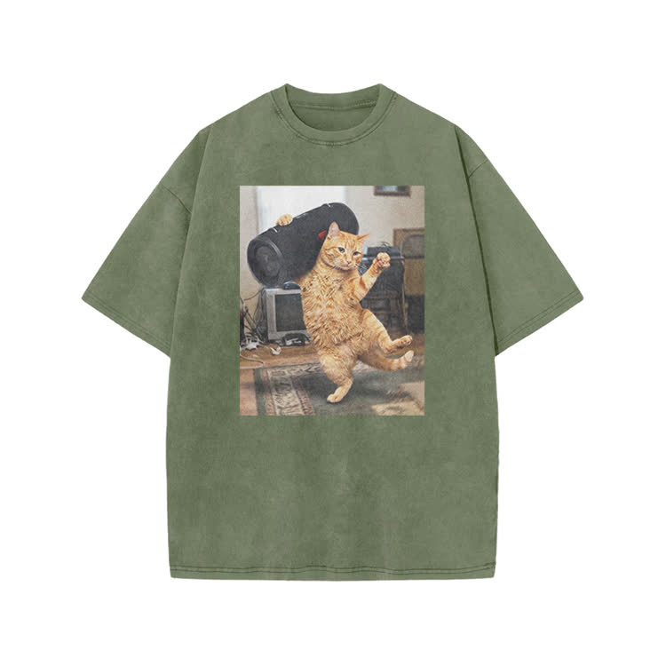 Vintage Dancing Cat Oversized Washed Cotton T Shirt
