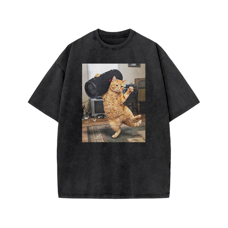 Vintage Dancing Cat Oversized Washed Cotton T Shirt