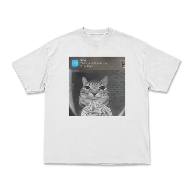 Casual Cat Doorbell Graphic Crew Neck T Shirt