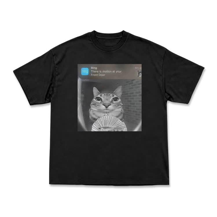 Casual Cat Doorbell Graphic Crew Neck T Shirt