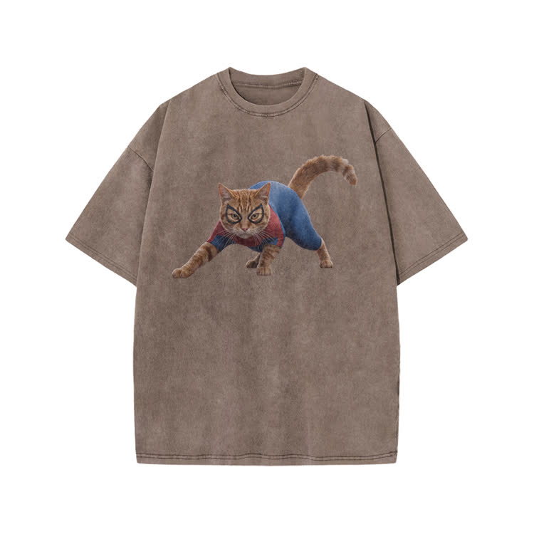 Vintage Hero Cat Graphic Print Acid Washed T-shirt