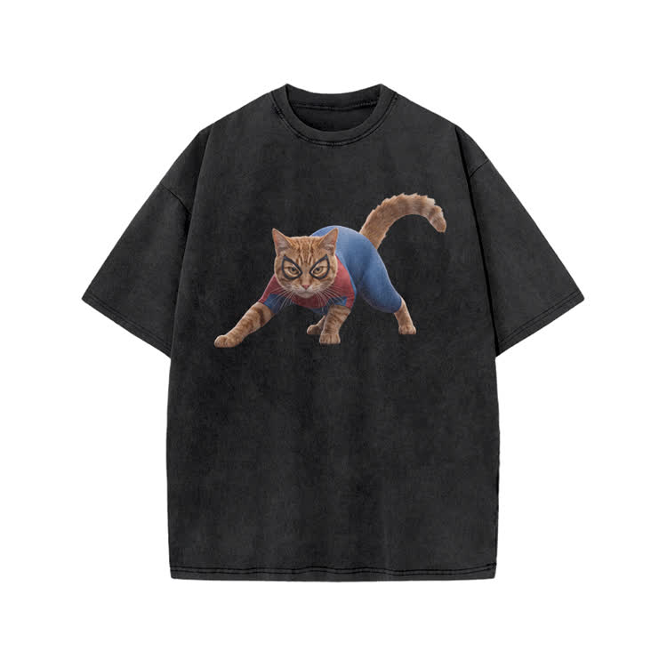 Vintage Hero Cat Graphic Print Acid Washed T-shirt