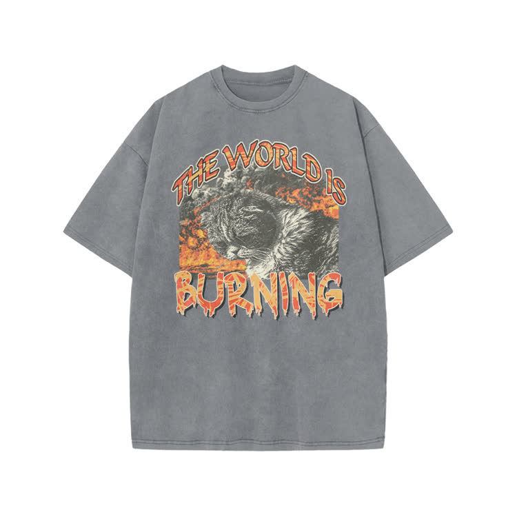 Punk Inspired Burning Cat Graphic Print Acid Washed T-shirt