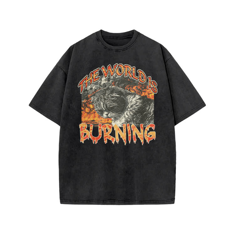 Punk Inspired Burning Cat Graphic Print Acid Washed T-shirt