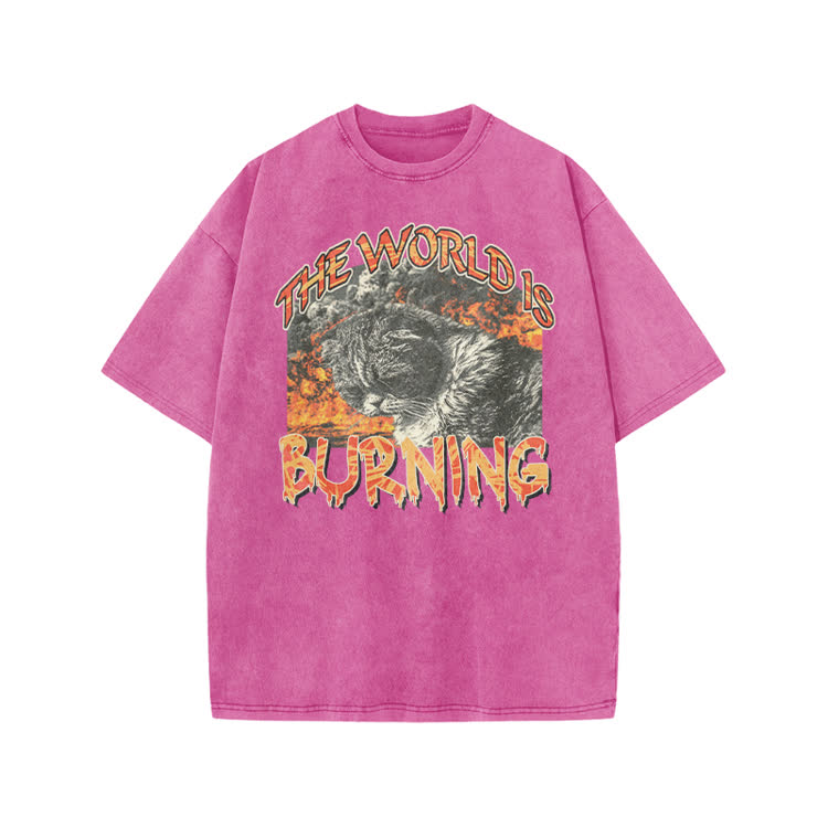 Punk Inspired Burning Cat Graphic Print Acid Washed T-shirt