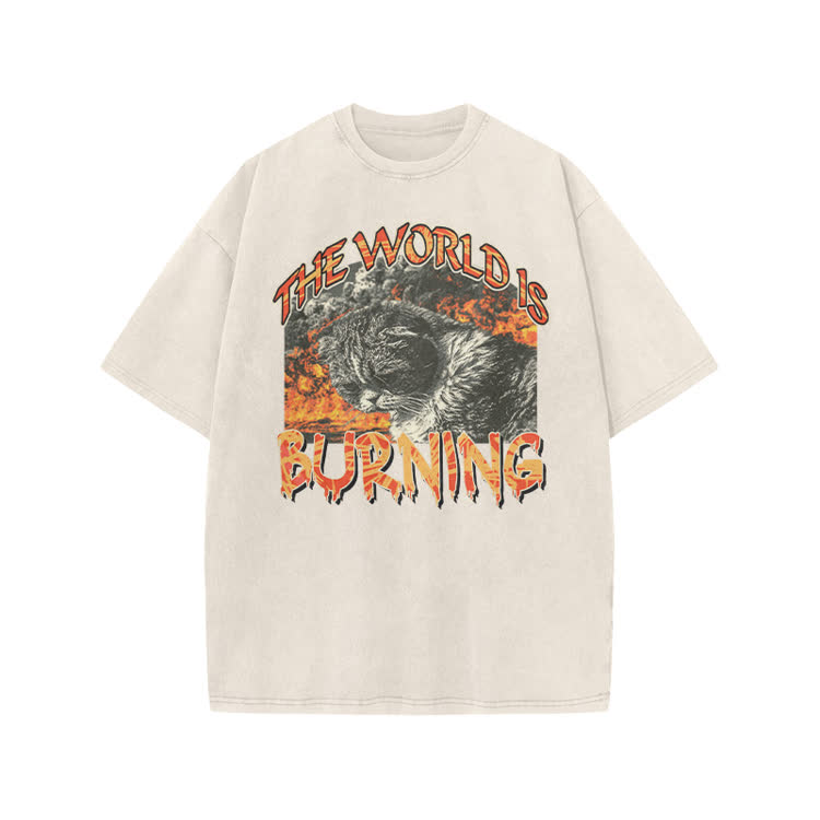 Punk Inspired Burning Cat Graphic Print Acid Washed T-shirt