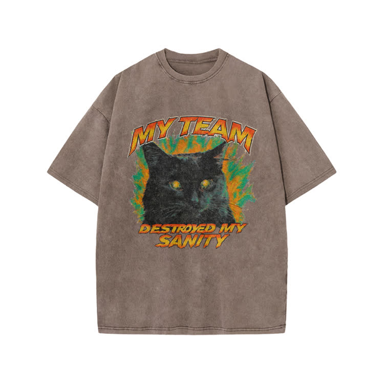 My Team Destroyed My Sanity Black Cat Graphic Print Acid Washed T-shirt