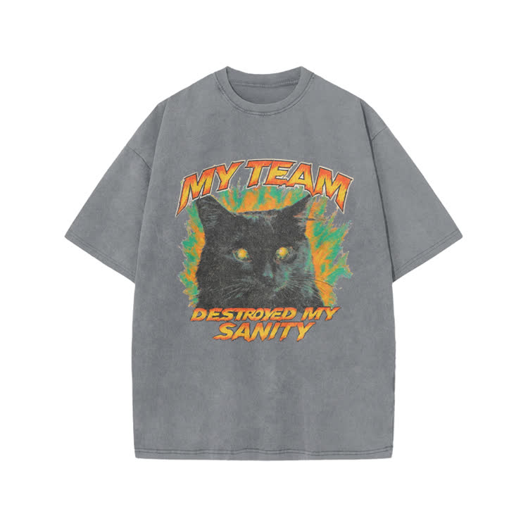 My Team Destroyed My Sanity Black Cat Graphic Print Acid Washed T-shirt