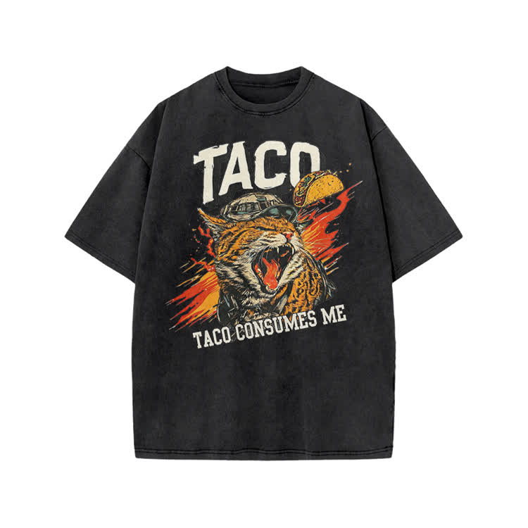 Vintage TACO CONSUMES ME Cat Graphic Print Acid Washed T-shirt