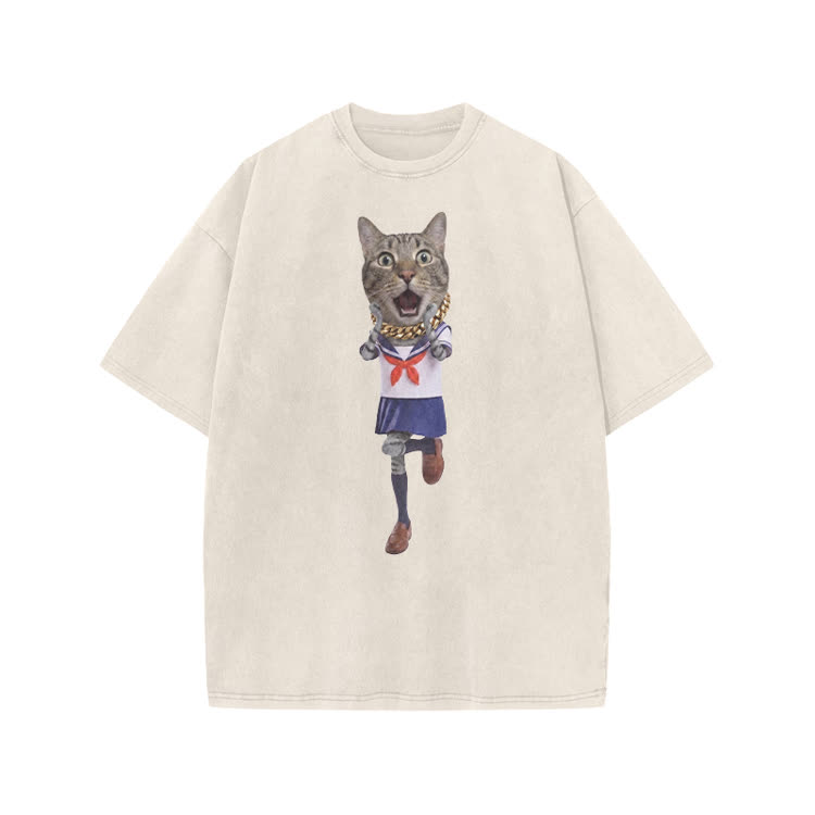 Playful Sailor Cat Graphic Print Acid Washed T-shirt