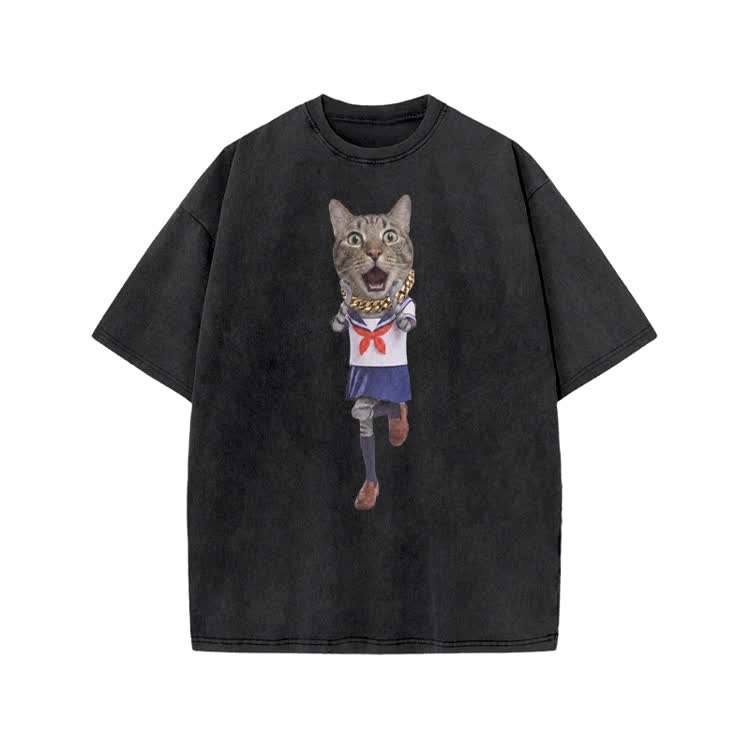 Playful Sailor Cat Graphic Print Acid Washed T-shirt