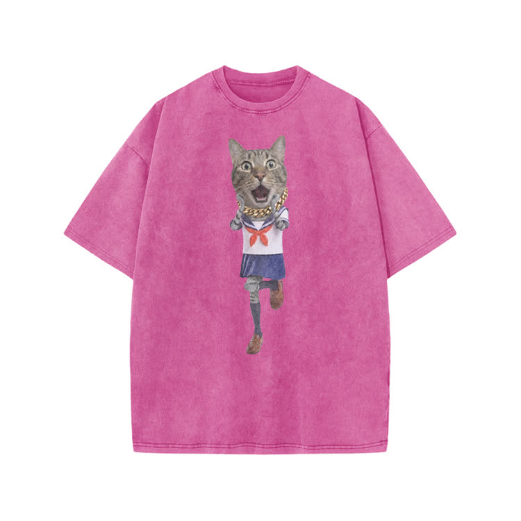 Playful Sailor Cat Graphic Print Acid Washed T-shirt
