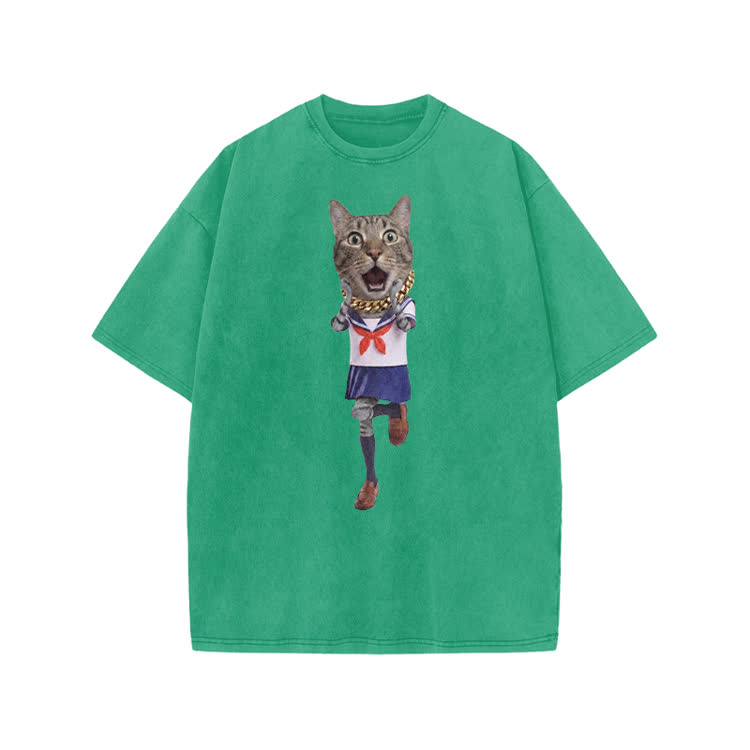 Playful Sailor Cat Graphic Print Acid Washed T-shirt