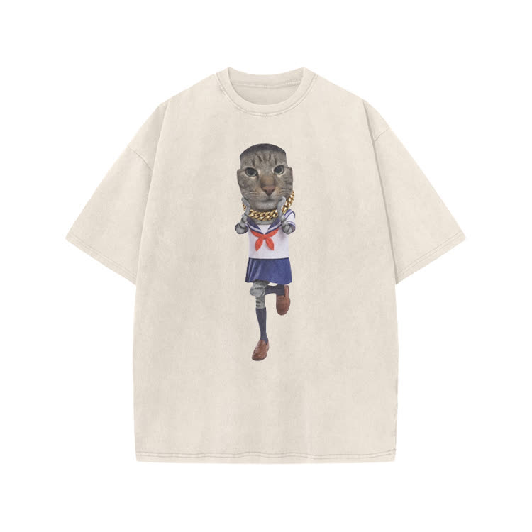 Playful Street Sailor Cat Graphic Print Acid Washed T-shirt