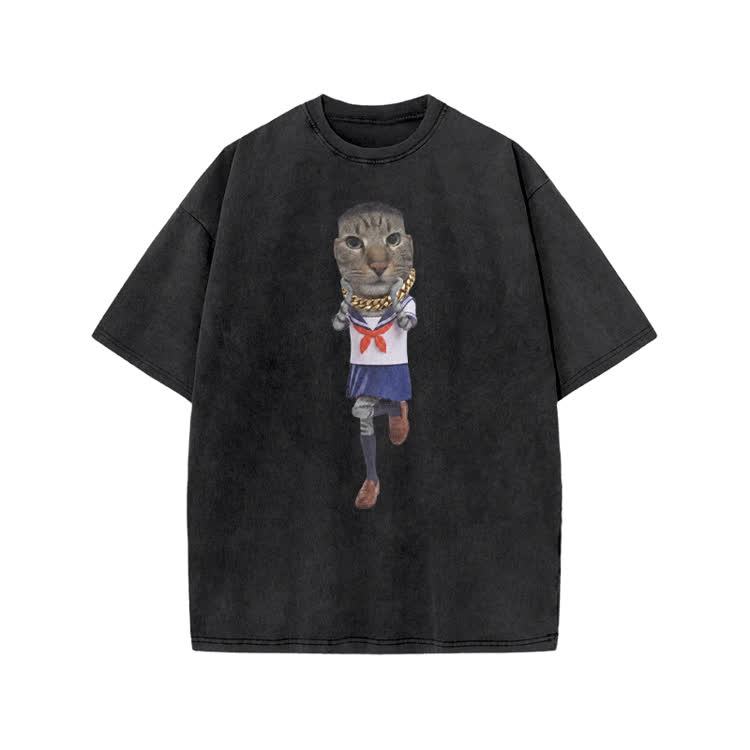 Playful Street Sailor Cat Graphic Print Acid Washed T-shirt