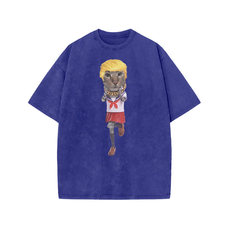Playful Cartoon Cat Graphic Print Acid Washed T-shirt