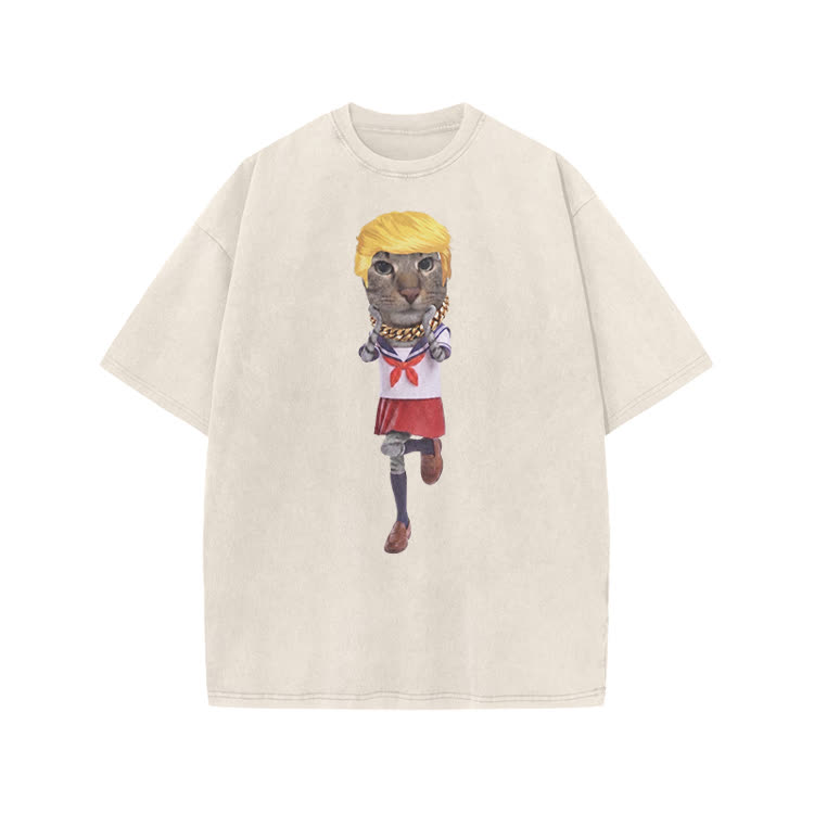 Playful Cartoon Cat Graphic Print Acid Washed T-shirt