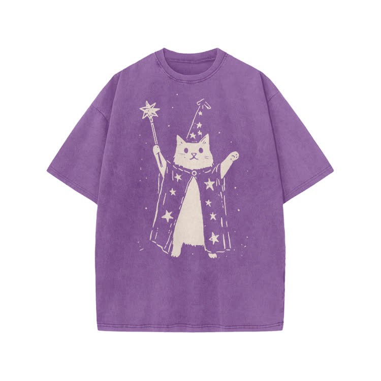 Vintage Wizard Cat Graphic Print Acid Washed T-shirt
