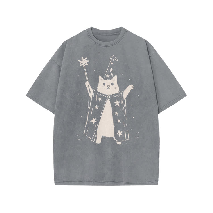 Vintage Wizard Cat Graphic Print Acid Washed T-shirt