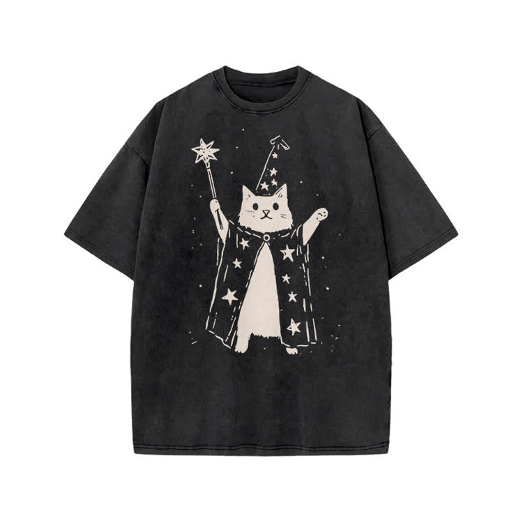 Vintage Wizard Cat Graphic Print Acid Washed T-shirt