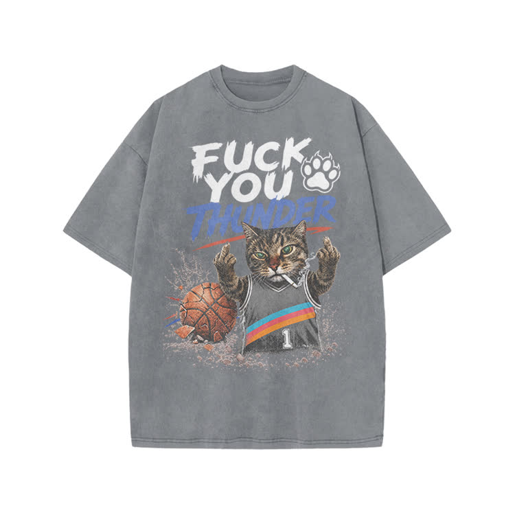 Vintage Cat Basketball Graphic Print Acid Washed T-shirt