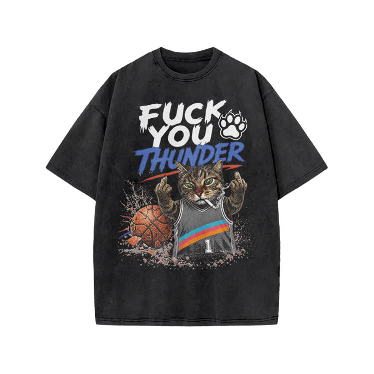 Vintage Cat Basketball Graphic Print Acid Washed T-shirt